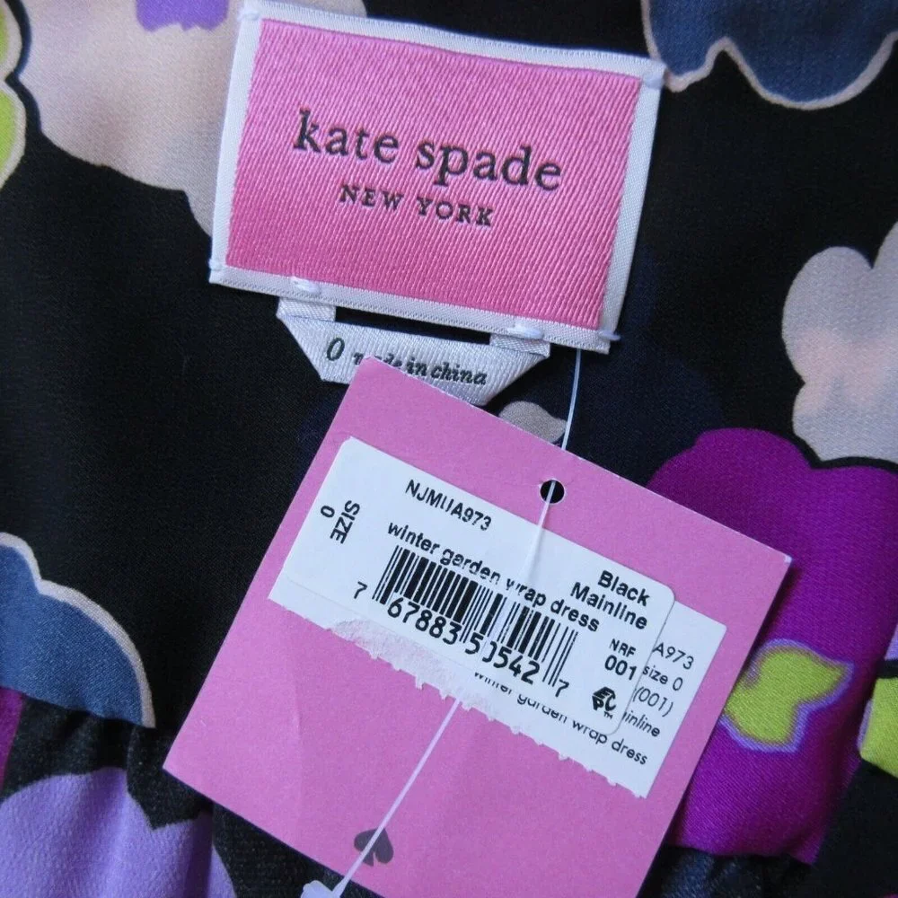 NWT Kate Spade New York Winter Garden Midi in Black Floral Print Wrap Dress 0